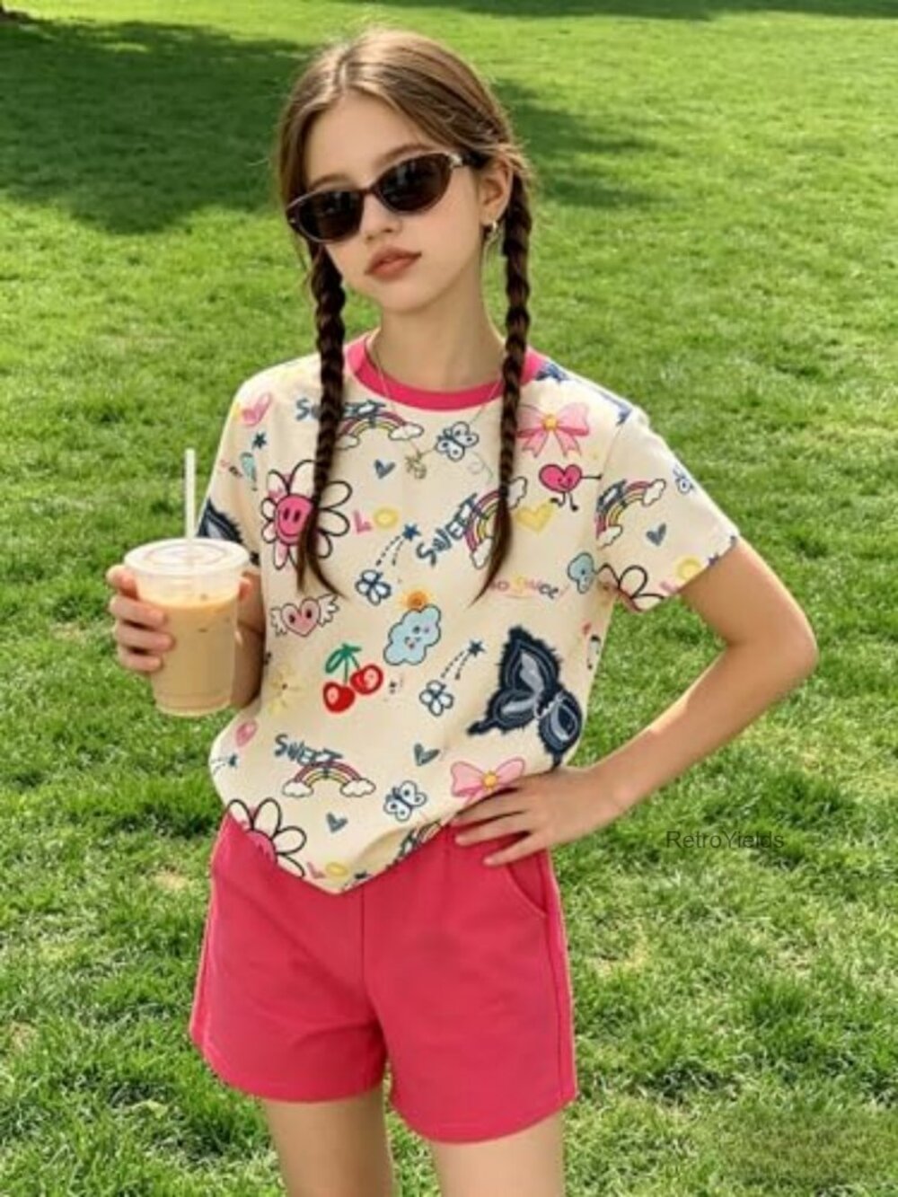 Girls Butterfly Print T-Shirt and Shorts Set Summer Outfit - Picture 2 of 7